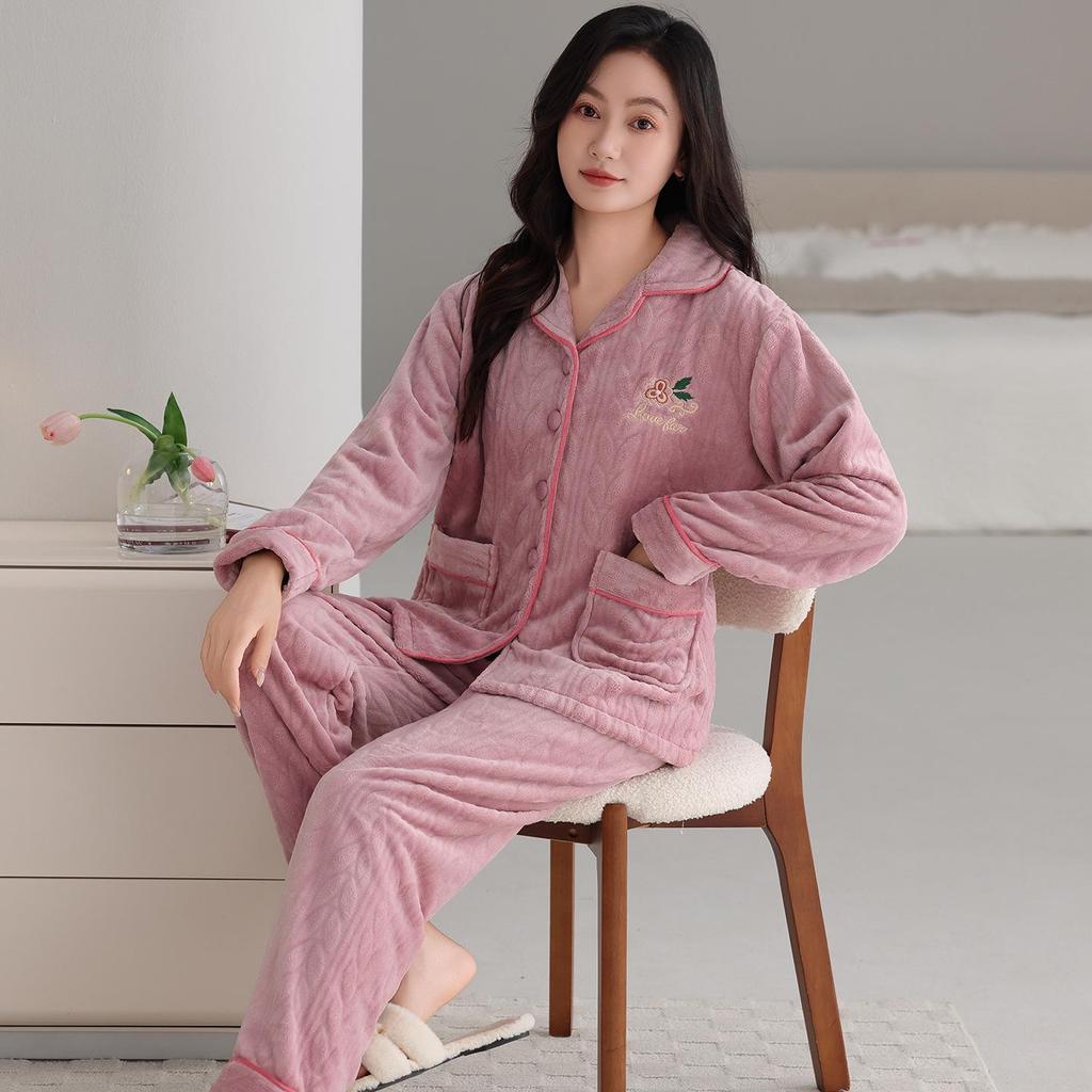 Women's Plus Size Thick Coral Fleece Pajamas - Warm Flannel Homewear for Autumn and Winter
