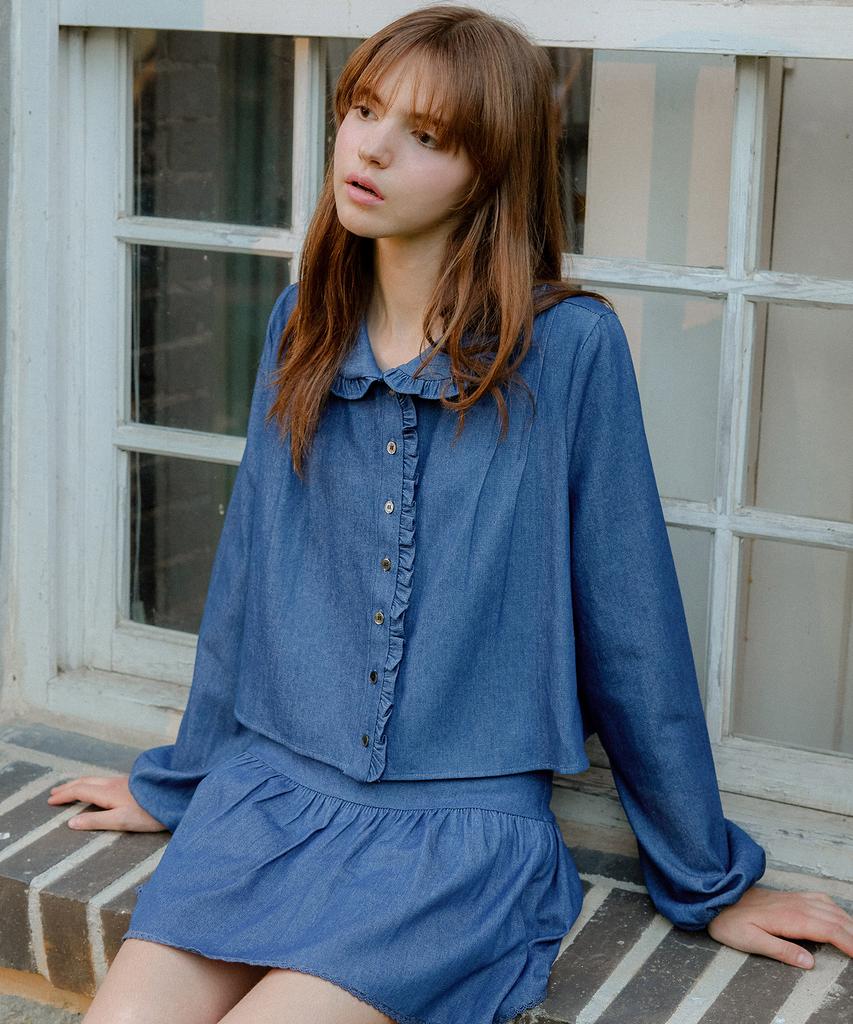 LETTER FROM MOON Poi Frill Denim Blouse (Medium Blue)