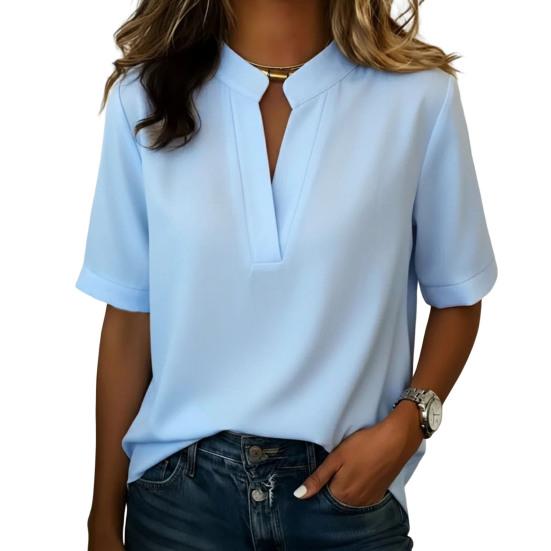 

Women Shirt V-neck Open Collar Short Sleeve Loose Fit Casual Tops Pure Color Versatile Style Shirt Summer Work Casual Wear M светло-синий
