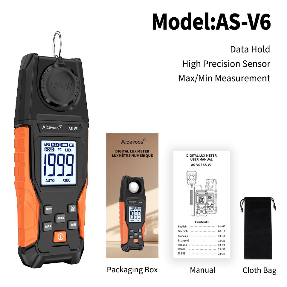 

Aicevoos Digital Illuminance Meter,High Precision Handheld Light Meter,Luxmeter Luminance Lux Test,Illuminance Tester,Lux Meter AS-V6