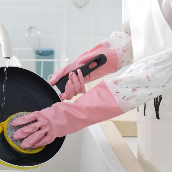 1 Pair Dishwashing Gloves Waterproof Reusable Gloves Patchwork Color Elastic Long