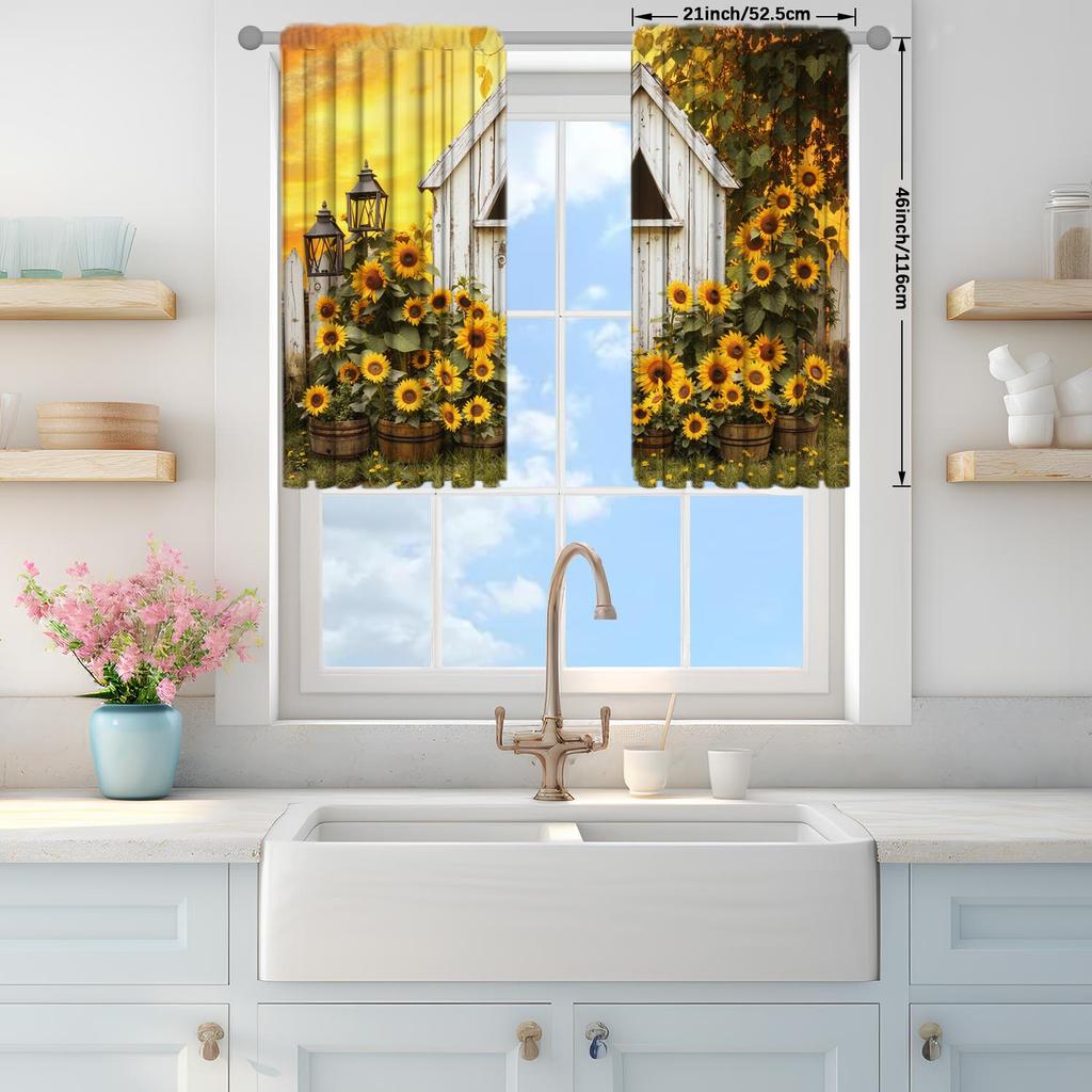 2 Stück Sonnenblumen Holzhaus Dekorative Vorhänge   Halb Verdunkelnde Vorhänge   Schutz der Privatsphäre