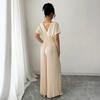 Damen Jumpsuit mit langen Ärmeln, Falten und weitem Bein, V-Ausschnitt und hoher Taille für elegante Alltagsmode