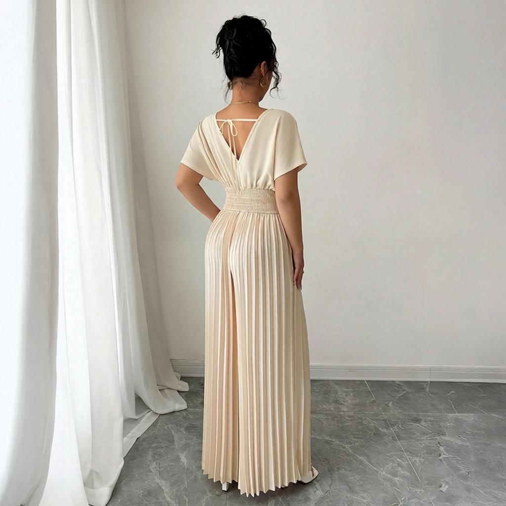 Damen Jumpsuit mit langen Ärmeln, Falten und weitem Bein, V-Ausschnitt und hoher Taille für elegante Alltagsmode