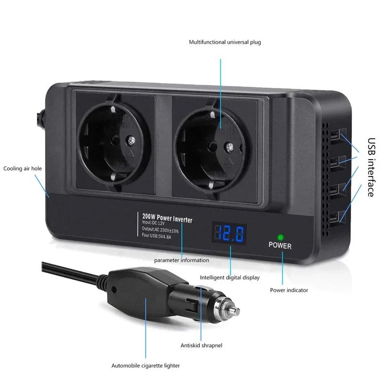 Car Power Inverter DC 12V To AC 220V 200W Auto Converter USB Fast Charging Charger EU Socket Inverter Power Adapter