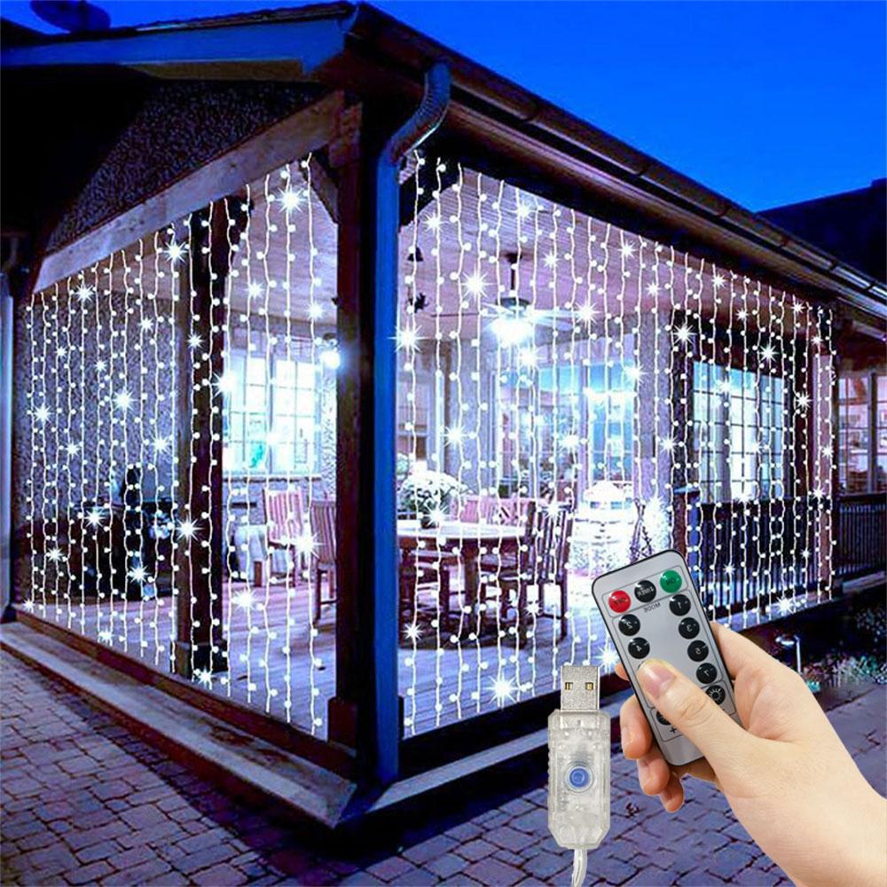 

Свадебная занавеска Светодиодная гирлянда Романтичная 8 режимов USB-вилка для Нового года Рождества Хэллоуина Внутреннее украшение для спальни для вечеринки 3Mx3M 300LEDs