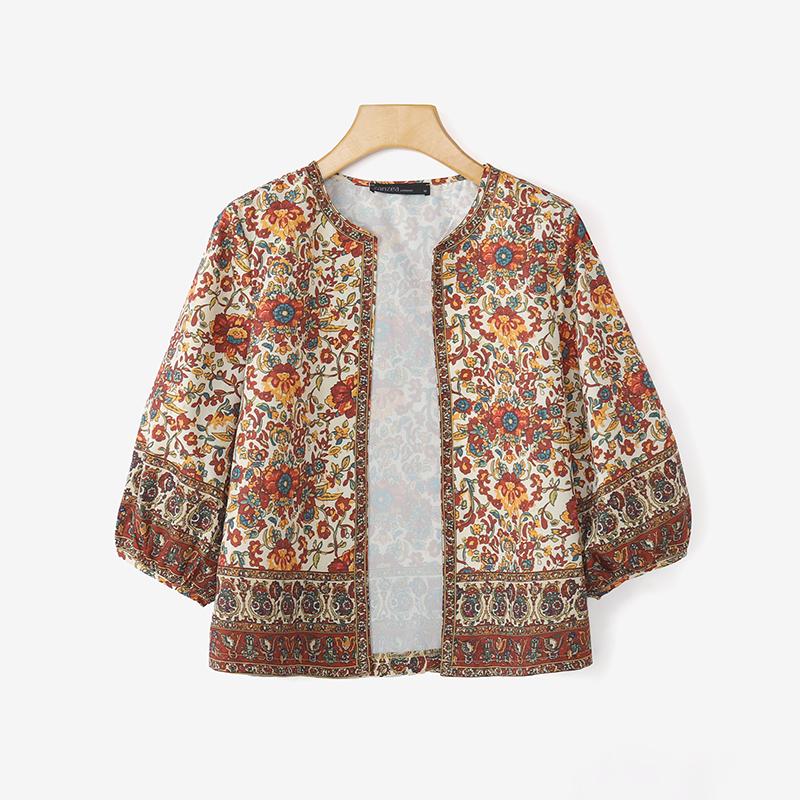 ZANZEA Boho-Print Damen Lässig Offen Vorne 3/4 Ärmel Locker Überwurf Bluse
