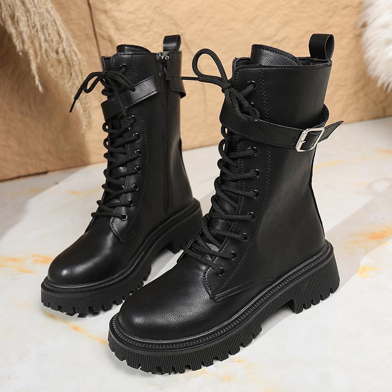 Fashion Women's Black PU Leather Mid Calf Boots Fashion Buckle Strap Platform Combat Boots Women Thick Sole Non Slip Motorcycle Shoes