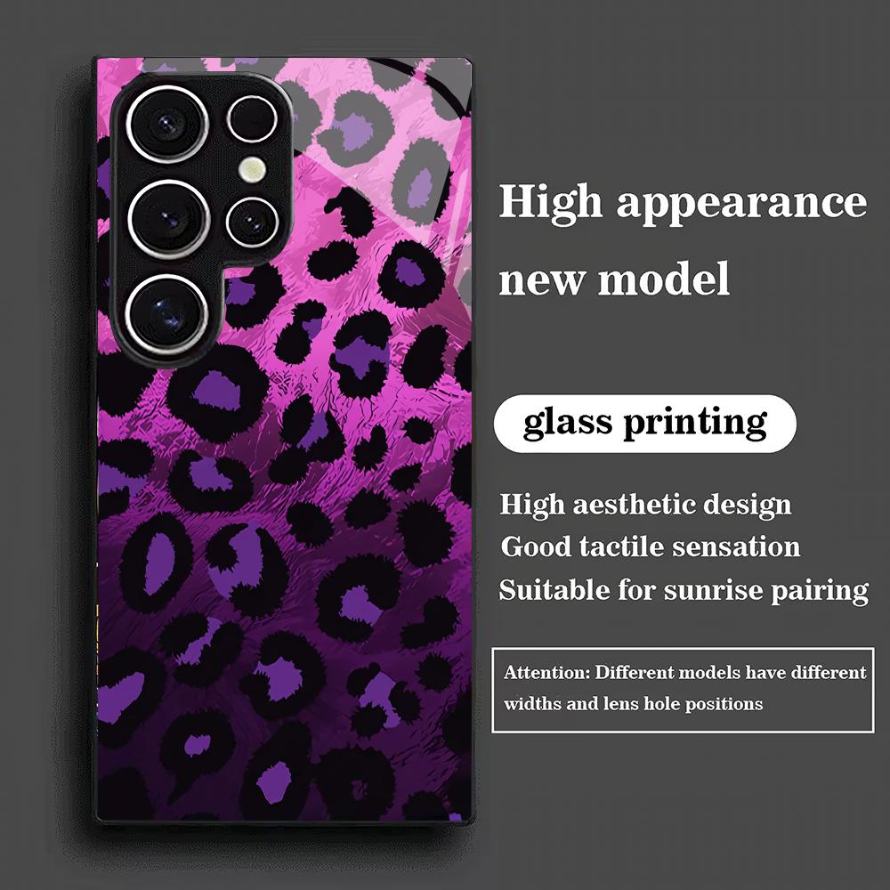 Purple Leopard Print Tempered Glass Phone Case Suitable for Samsung Galaxy S26 S25 S24 S22 S21 S20 FE/Ultra/Plus Shockproof