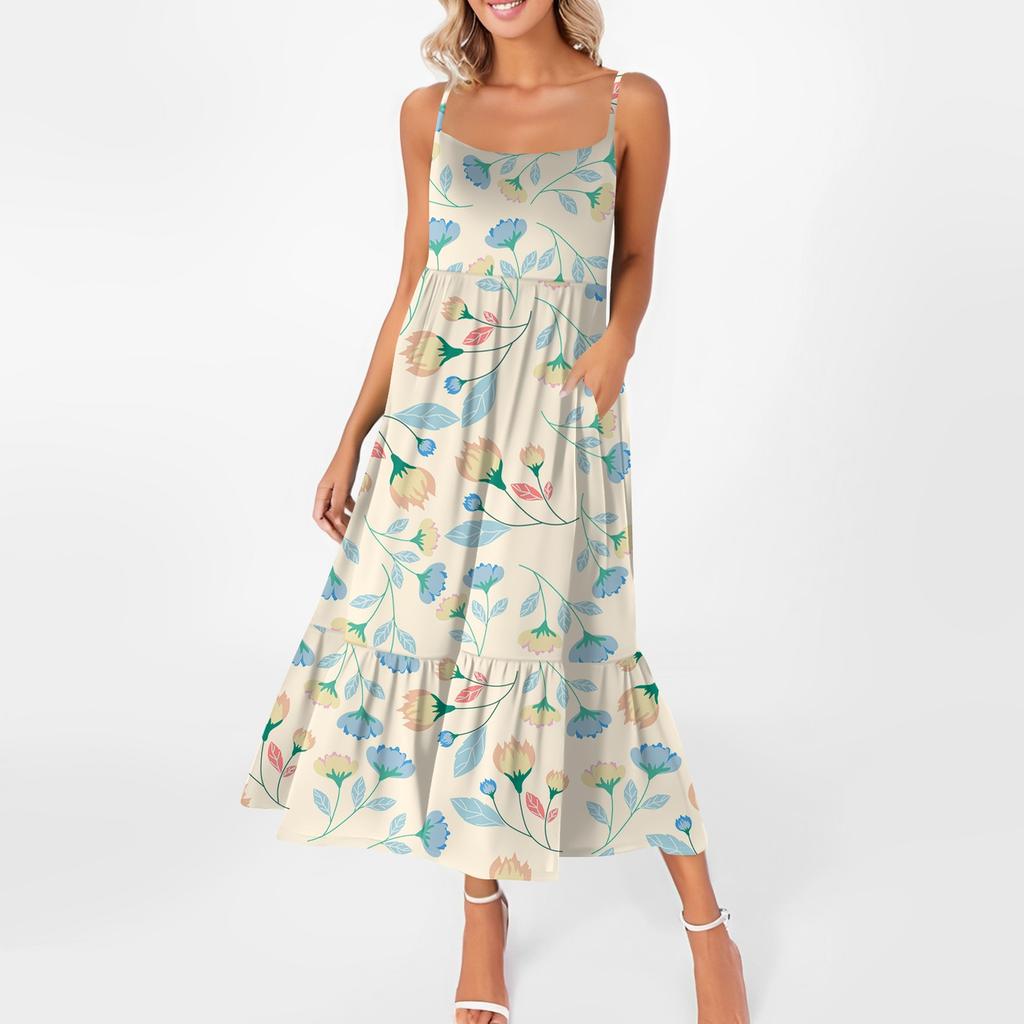 Kvinners Lang Strand Casual Elegant Spaghettistropp Maxi Kjole Blomstret Diskret Flytende Bohemsk Kjole