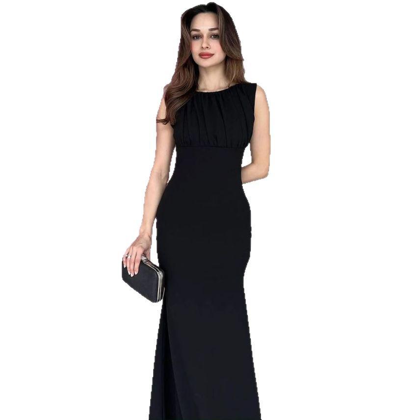 2025 Summer Women's Backless Crew Neck Sleeveless Solid Color Bodycon Dress