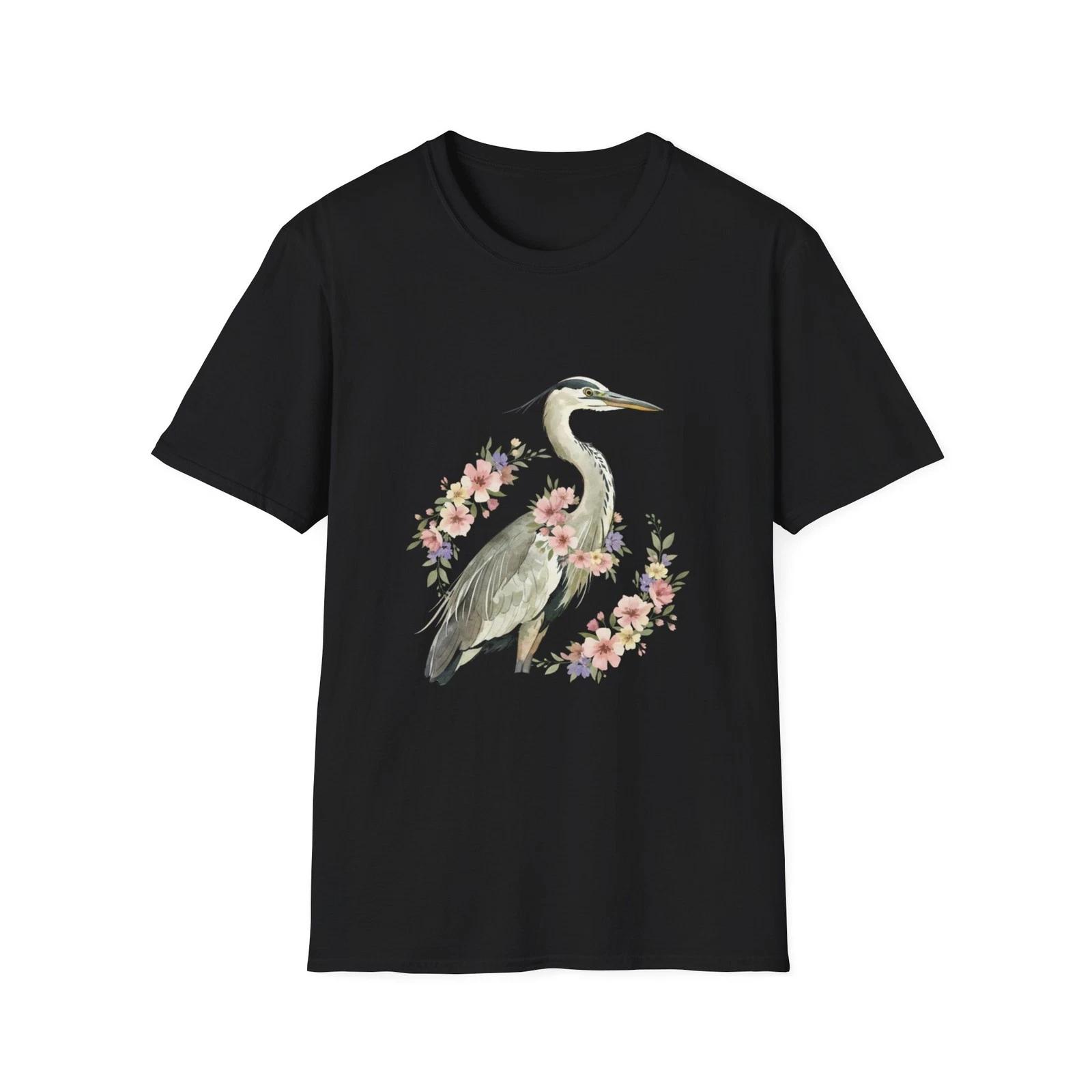 

Heron Flowers Floral Watercolor Boho Black T-Shirt Nature Pastel Print Tee 2XL