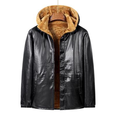 Autumn and Winter Short Leather Jacket Men's Hooded Casual with Velvet Warm Windproof Leather Jacket Coat Men's