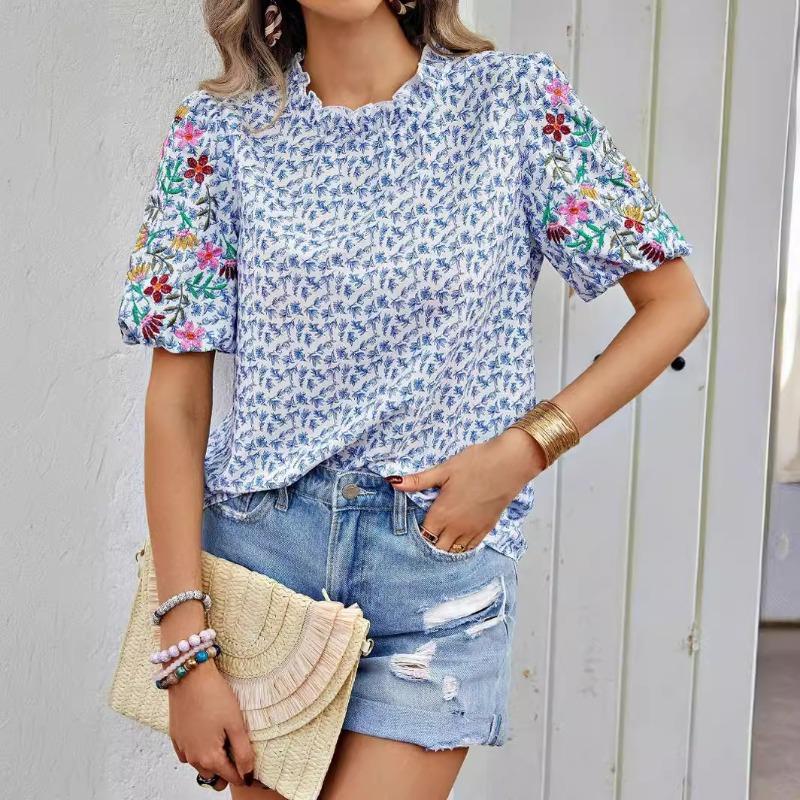 Summer New Embroidered Printed Loose Women's Shirts Short Sleeve Fashion Elegant Blouse Women Tops Stand Collar Slim Fit Shirt Female Clothing 26429