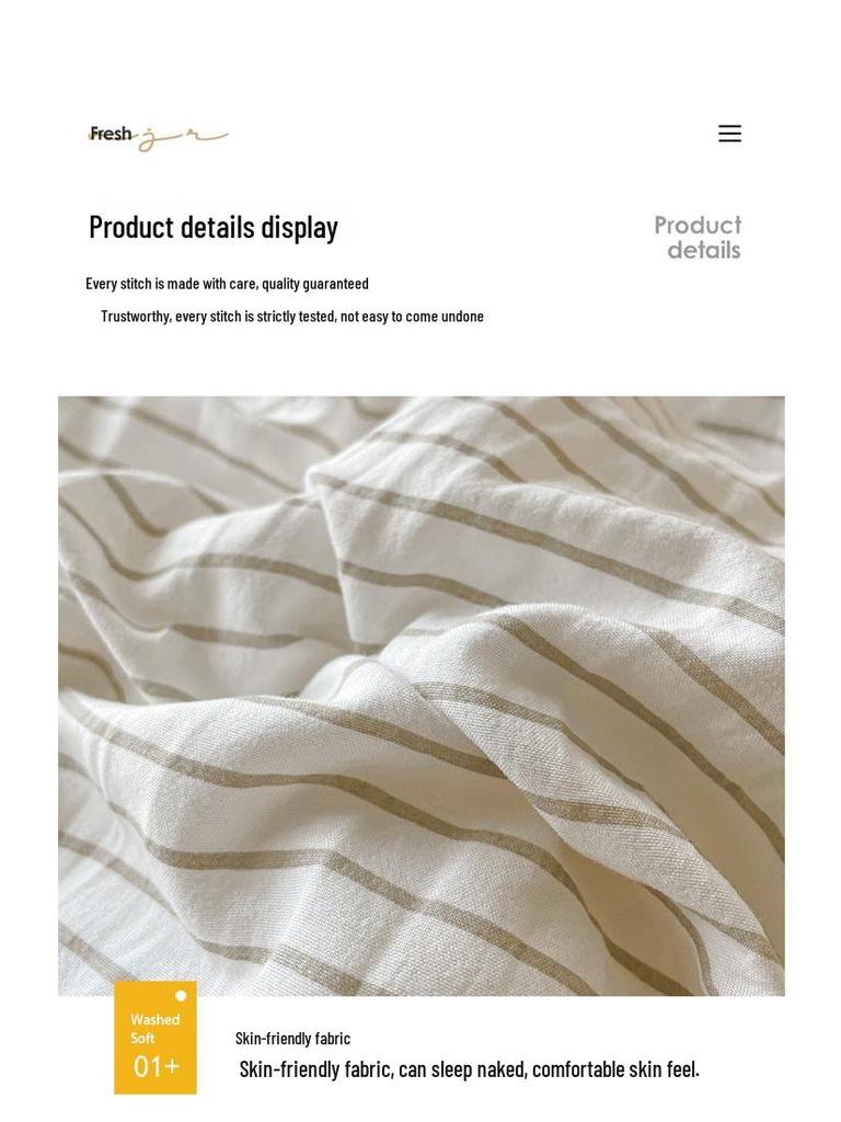 Skin-Friendly Washed Cotton Dorm Three-Piece Set: Stripe Duvet Cover & Pillowcase, Single/Double Size, Class A Quality