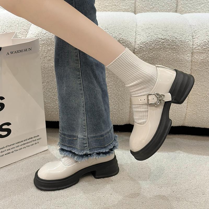 Franske Mary Jane-sko med høye hæler for kvinner, Retro, Enspennelukning, Allsidig sløyfe, Tykksålede, Chunky-hælede skinnsko