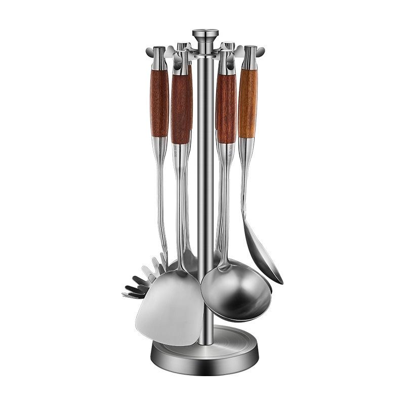 304 Stainless Steel & Pear Wood Kitchen Utensil Set - Stir-Fry Spatula, Skimmer, Frying Spatula, Rice Spoon.