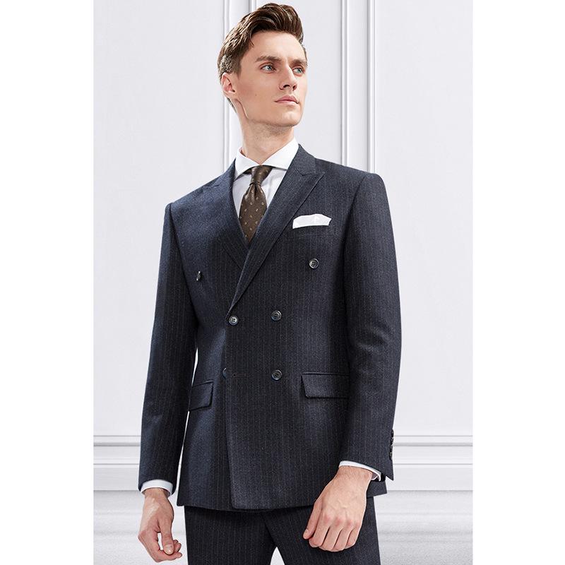 Men's Slim Fit Double-Breasted Gray Striped Suit - British Style Business Casual/Formal Tuxedo for Groom or Wedding.