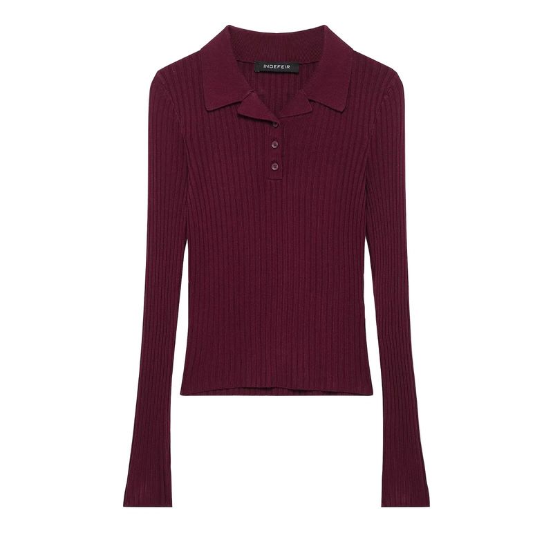 Kaslead New Arrival Women's Fashion Style Simple Lapel Long Sleeves Rib Knitting Polo Shirt 3471110