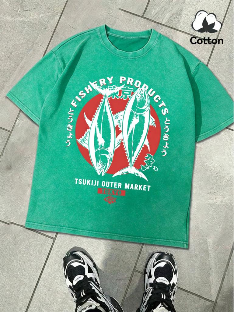 Tokyo Fishery Products Prints Washed TShirt Mens Cotton Oversized Tops Casual Short Sleeve T Shirts Summer ONeck MenS Clothes