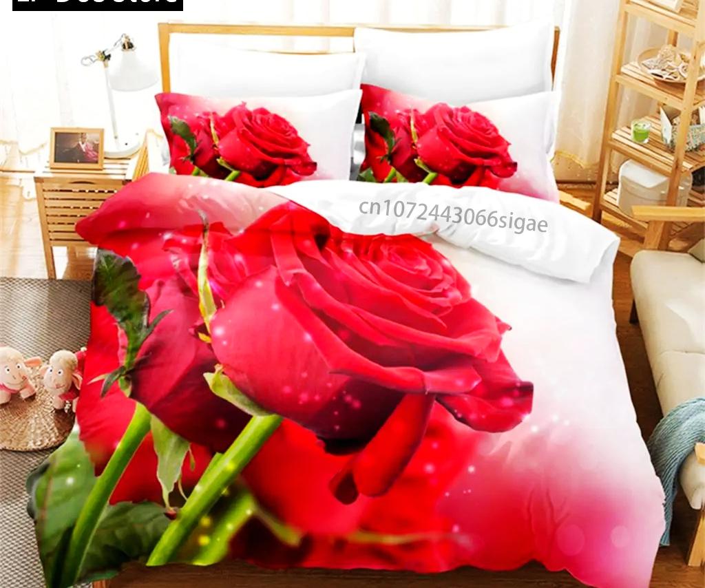Flower Duvet Cover Set Bed Single Red Rose Quilt Cover 3D Comforter Bedding Sets 3pcs with Pillow Case King Size Full Wedding