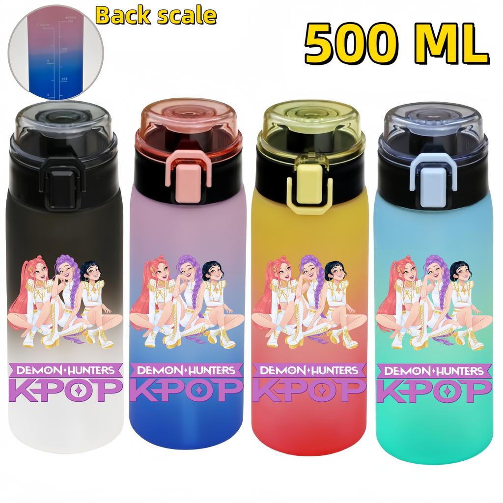 KPop Demon Hunters Sports Water Bottle Portable Leak Proof Plastic Cup Level Line Outdoor Fitness 500ML with for Kid Friendly Entertaining Fun Play