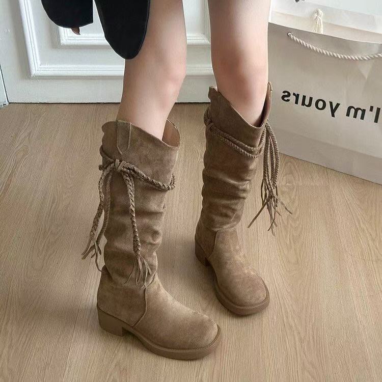

2025 Autumn Retro Boots Tassel Knight Boots Women s Thick Heel But Knee Boots Skinny Pile Boots High Boots Women 35