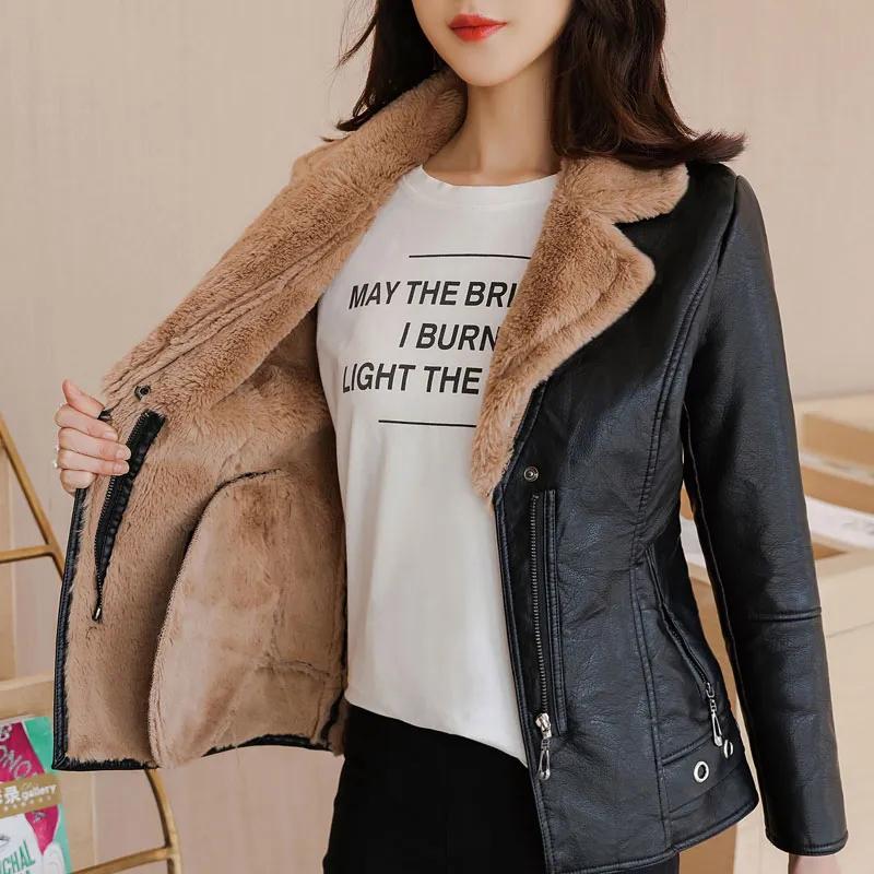 Women's Fall/Winter Fleece-Lined Thickened Warmness Slim-Fit PU Leather Jacket Solid Color Elegant Short Coat