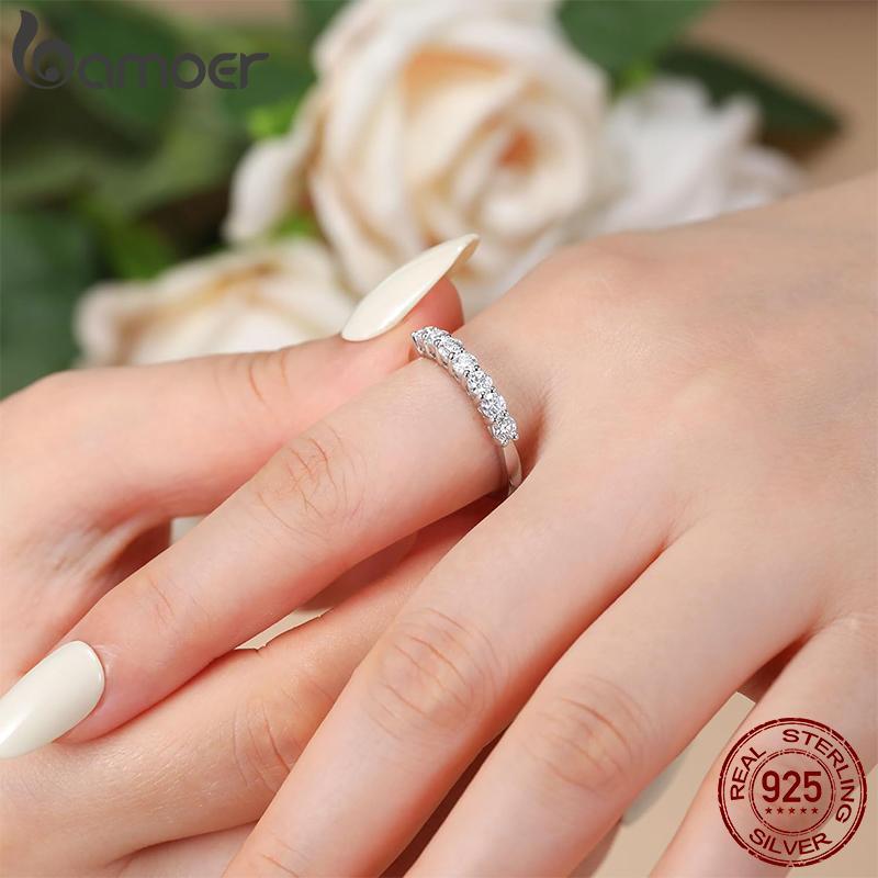 BAMOER Iris Moissanite Ring Lace Band 925 Silver Half Eternity Stackable Ring D Color for Women Engagement Retro Gift