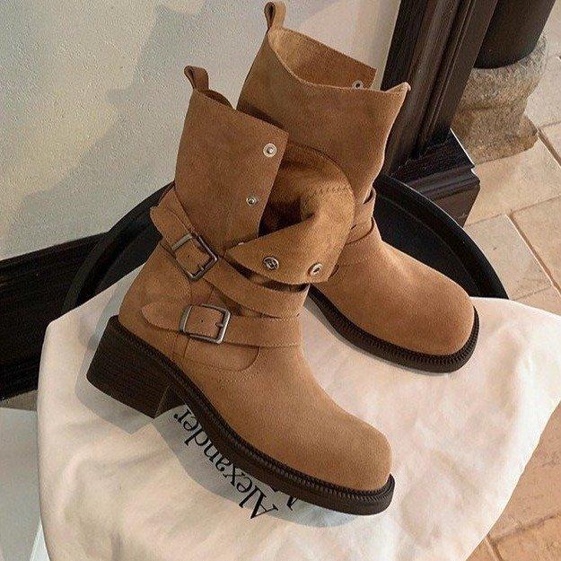 Cowhide Version! Retro Thick Heel Folded Two Women's 2025 New Thin Thick-soled Medium Boots Autumn