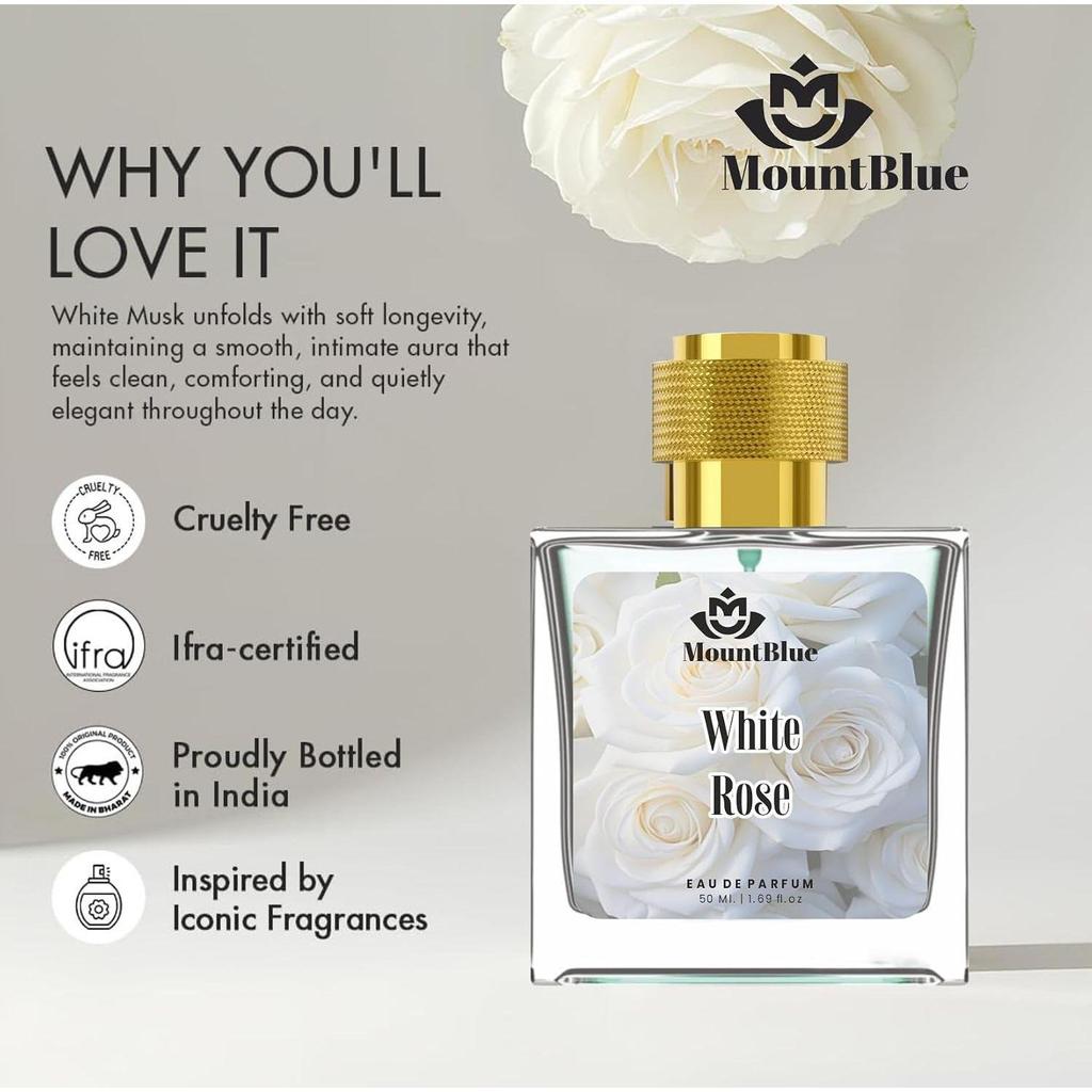 MountBlue White Rose Eau De Parfum 50ML for Women & Men | Long Lasting Floral Woody Scent | Premium Luxury Perfume | Elegant Rose Fragrance