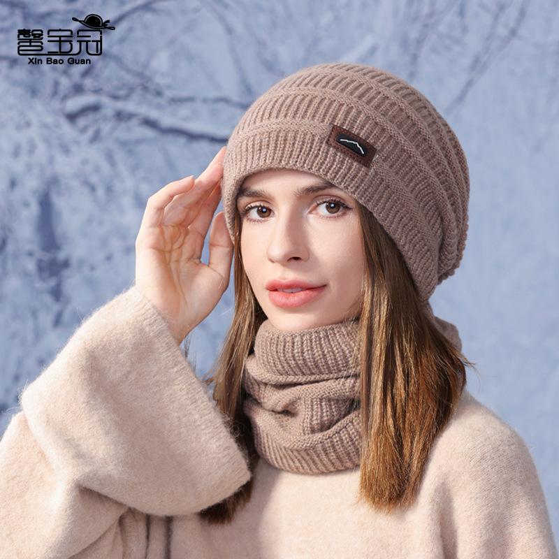 Winter Hat Scarf Two-Piece Unisex European American Cross-Border Knitted Acrylic Outdoor Velvet Warm Ear Protection Cap FJ