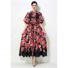 Summer Holiday Gorgeous Flower Embroidery Prom Dress for Women's Stand Lantern Sleeve Belt Lace Trims Single Breasted Long Robes