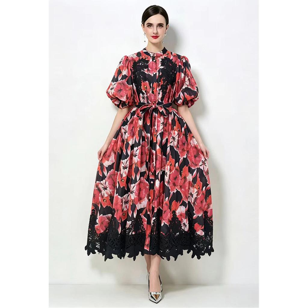 Summer Holiday Gorgeous Flower Embroidery Prom Dress for Women's Stand Lantern Sleeve Belt Lace Trims Single Breasted Long Robes