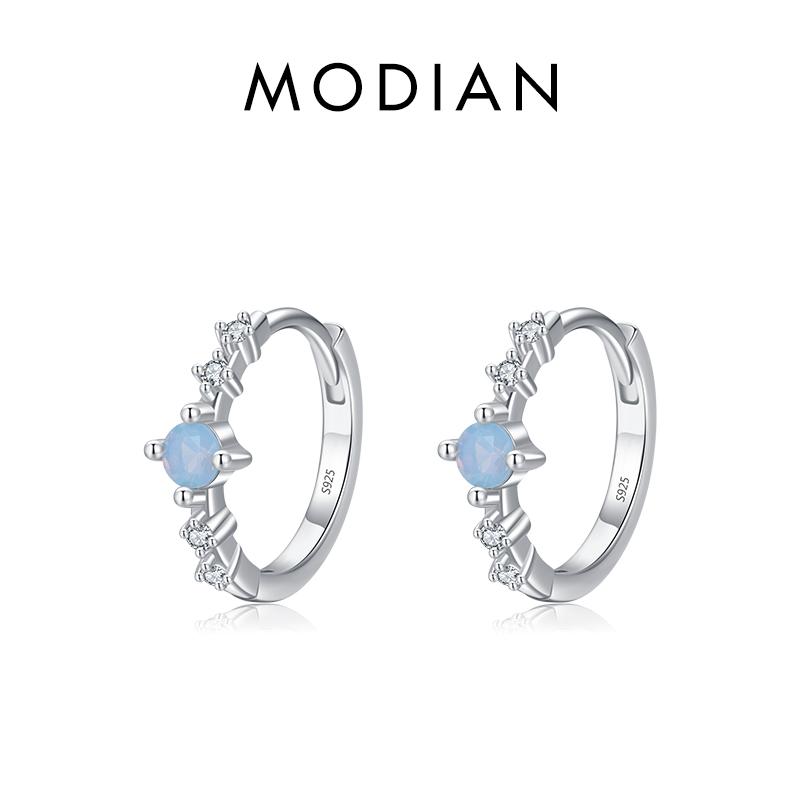 Modian Fashion 925 Silver Blue Round Opal Charm Female Ear Buckle For Women Fine Jewelry Hypoallergenic Hoop Earrings