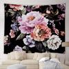 Black Floral Tapestry Retro Flower Bloosom Rustic Rose Watercolor Peony Vintage Boho Gothic Spring Plant Leaves Home Decor Wall