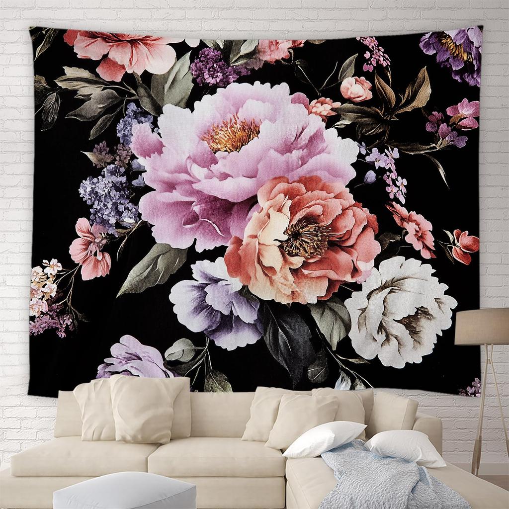 Black Floral Tapestry Retro Flower Bloosom Rustic Rose Watercolor Peony Vintage Boho Gothic Spring Plant Leaves Home Decor Wall