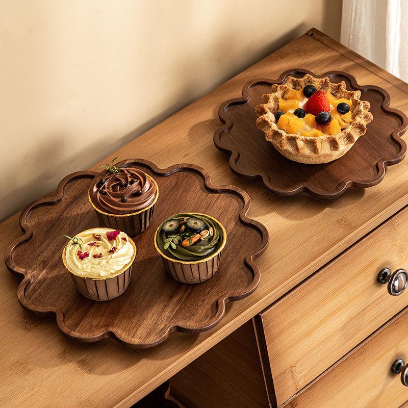 Wooden dessert coffee cake plate Japanese solid wood tray high appearance level lace household fruit plate for holiday