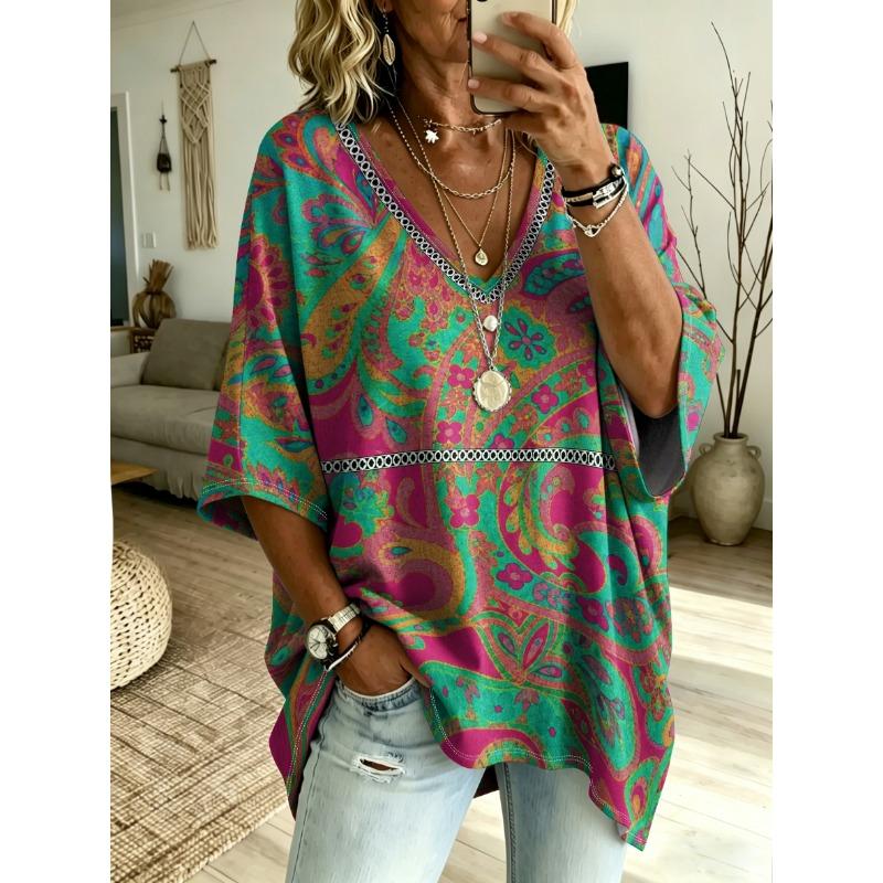 Boho Printed Plus Size Women's V Neck Bat Sleeve T-Shirt