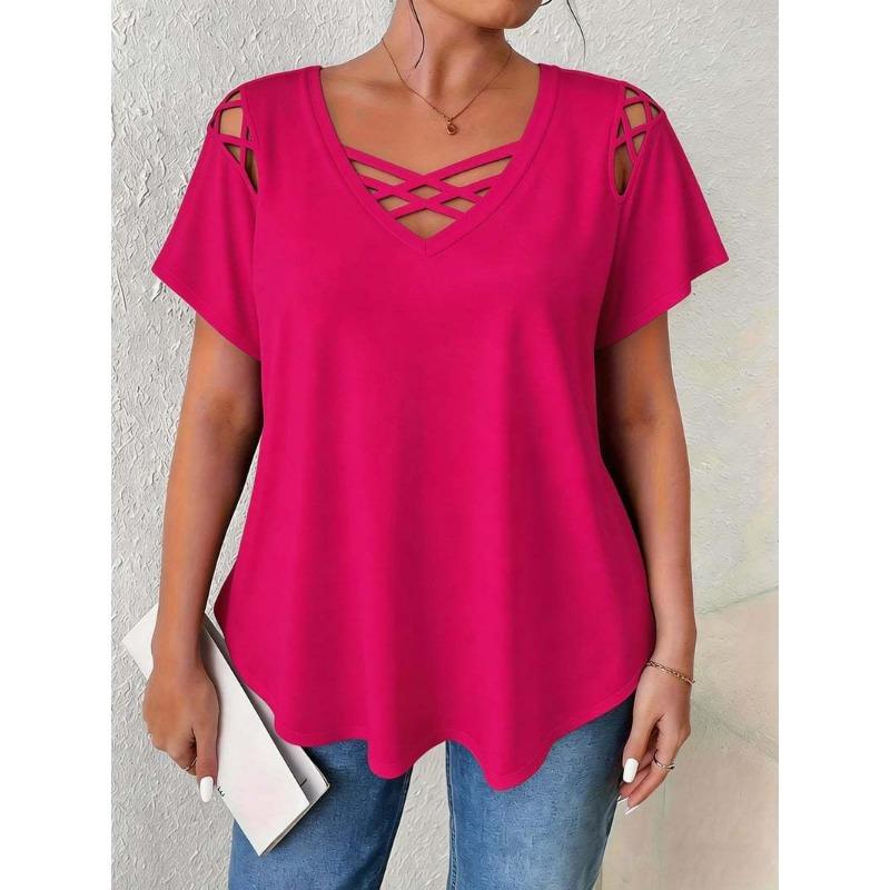 V-neck Short Sleeved Cross Strap T-shirt Large Size Summer Casual Fashion Hollow Out Blouse Solid Color Women Sweet Simple Office Shirts Clothing