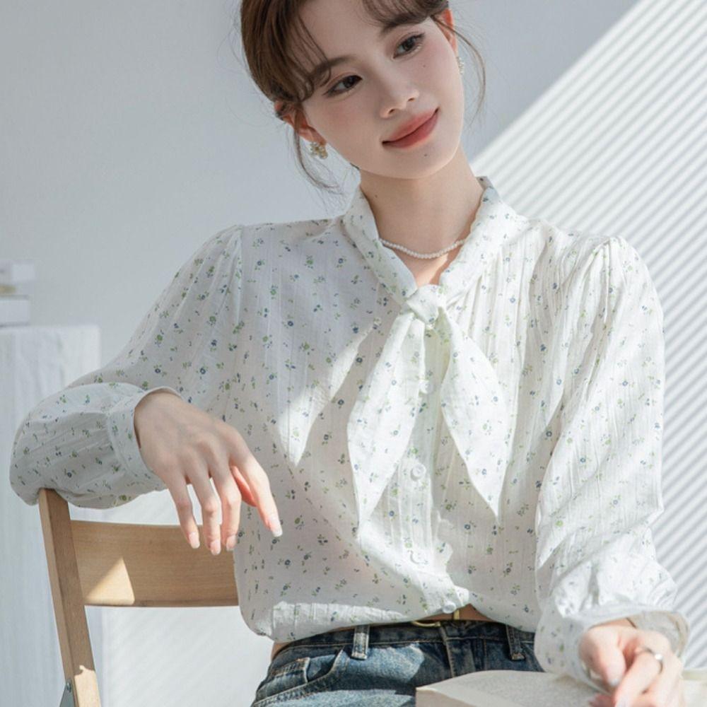 Bow Tie Long Sleeve Shirts Sweet Floral Baggy Shirts Comfortable Blouses for Women Office