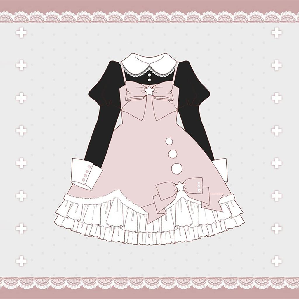 [Milky Time] 3-Piece Set: Lolita Dress, Jumper Skirt, and Power Shoulder Strap with Blouse (Pink x Black)