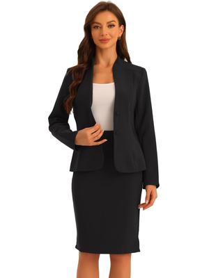 Allegra K Women's Collarless Blazer and Pencil Skirt Suit Set, Black, Size M
