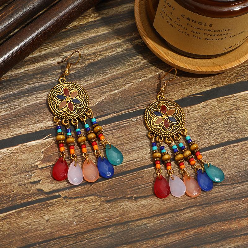 Bohemian Cross-Border Handmade Water Drop Rice Bead Tassel Earrings for Travel Photography
