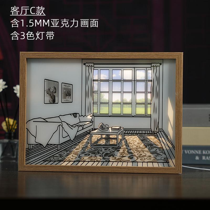 LED Night Light Decorative Light Painting USB Plug Dimming Wall Artwork Table Lamp Gift Indoor Sunlight Window Wooden Photo Lamp