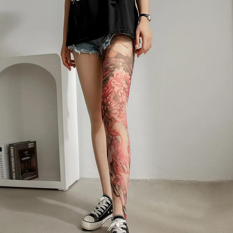 Dámské sexy potištěné punčochové kalhoty falešné tetování pivoňka punčochové kalhoty ženská perspektiva síťované legíny nylonové ponožky