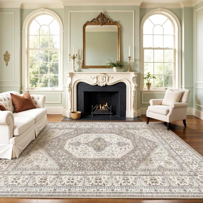 

Ковер-циновка Моющийся ковер Серый Винтажный Традиционный Напольное покрытие Складной Тонкий Ретро Акцент Для помещений Потертый Ковер Цветочный принт Коврик Спальня Гостиная 160*230cm