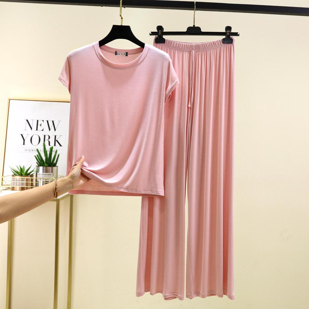 Plus Size Modal Pajama Set: Short Sleeve T-Shirt & Long Casual Pants