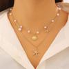 Bohemian Retro Gold Color Starfish Shell Pearl Pendant Double-layer Necklace for Women Summer Ocean Vacation Style Jewelry Gifts