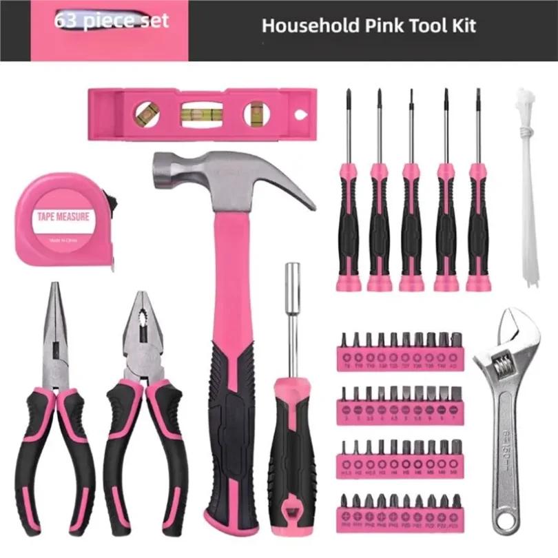 Pink Women' S 63-Piece Tool Set Wrenches, Screwdrivers& Home Repair Tools In Portable Case, Non-Slip Gri